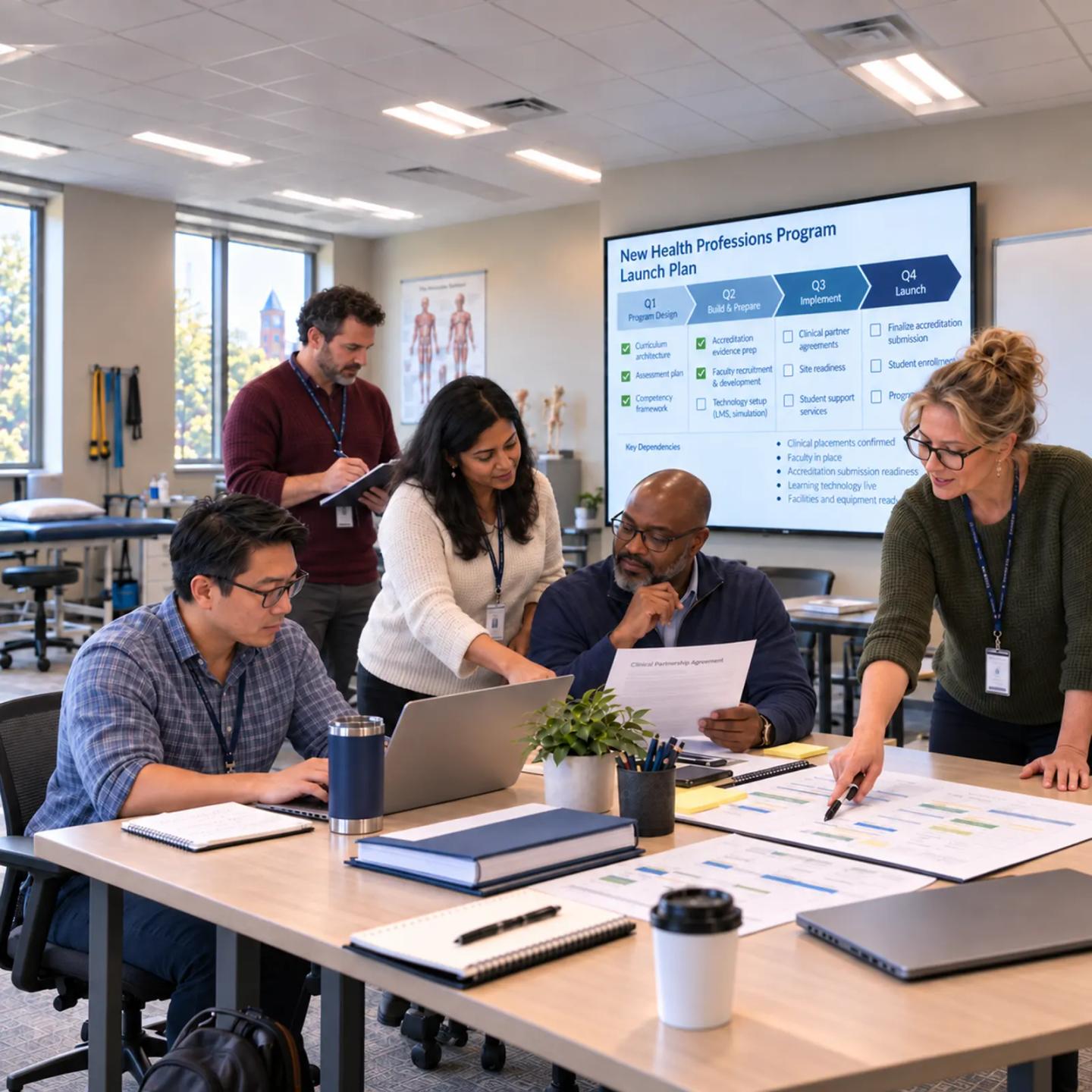 A program team working through a new program launch plan together.