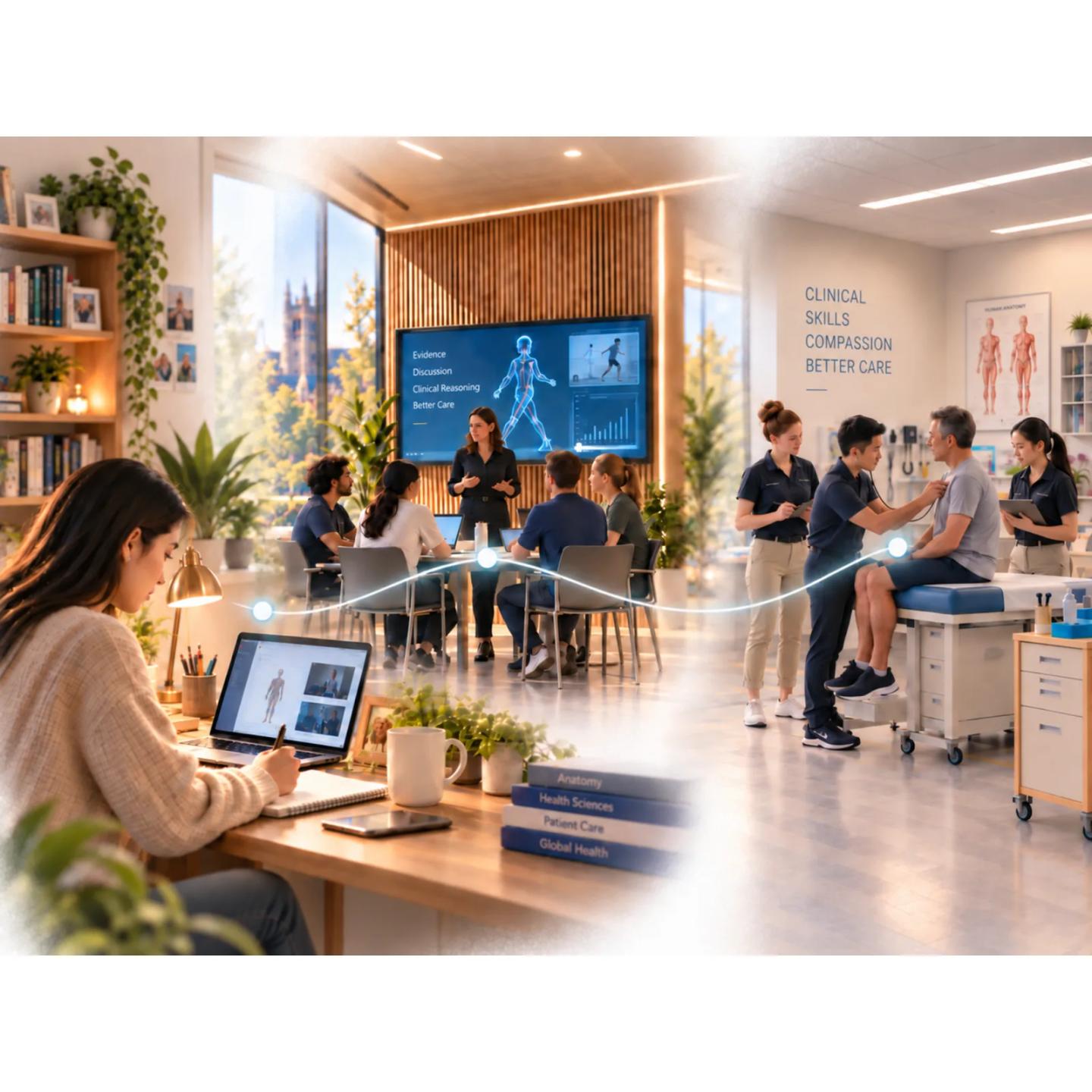 A learner studying online beside a hands-on clinical skills session, connected in one hybrid space.