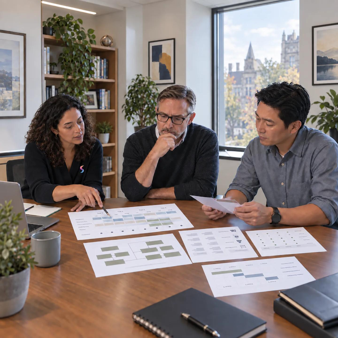 Program leaders reviewing development plans together around a table.