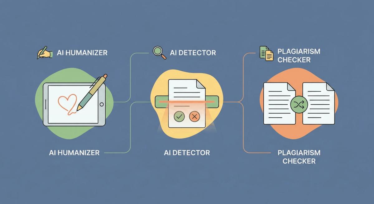 A simple, minimalist diagram illustrating three content tools in connected boxes. From left to right: a box labeled "AI HUMANIZER" showing an icon of a tablet and a document with a heart; a box labeled "AI DETECTOR" showing a magnifying glass analyzing a document; and a box labeled "PLAGIARISM CHECKER" showing two documents being compared.