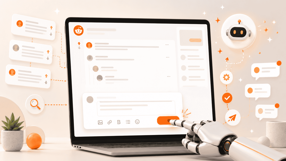 Automated Reddit posting workflow illustration with a robot hand submitting a comment on a laptop interface