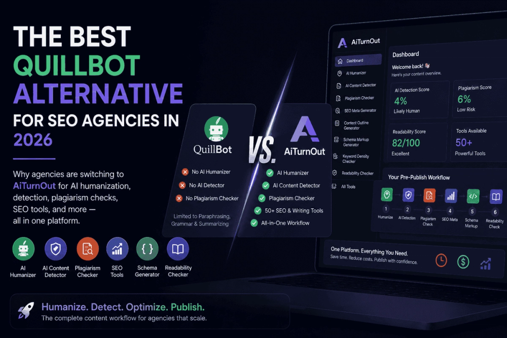 Cover image for a blog titled The Best QuillBot Alternative for SEO Agencies in 2026, showing QuillBot vs AiTurnOut with AI humanizer, AI detector, plagiarism checker, SEO tools, schema, and readability features.