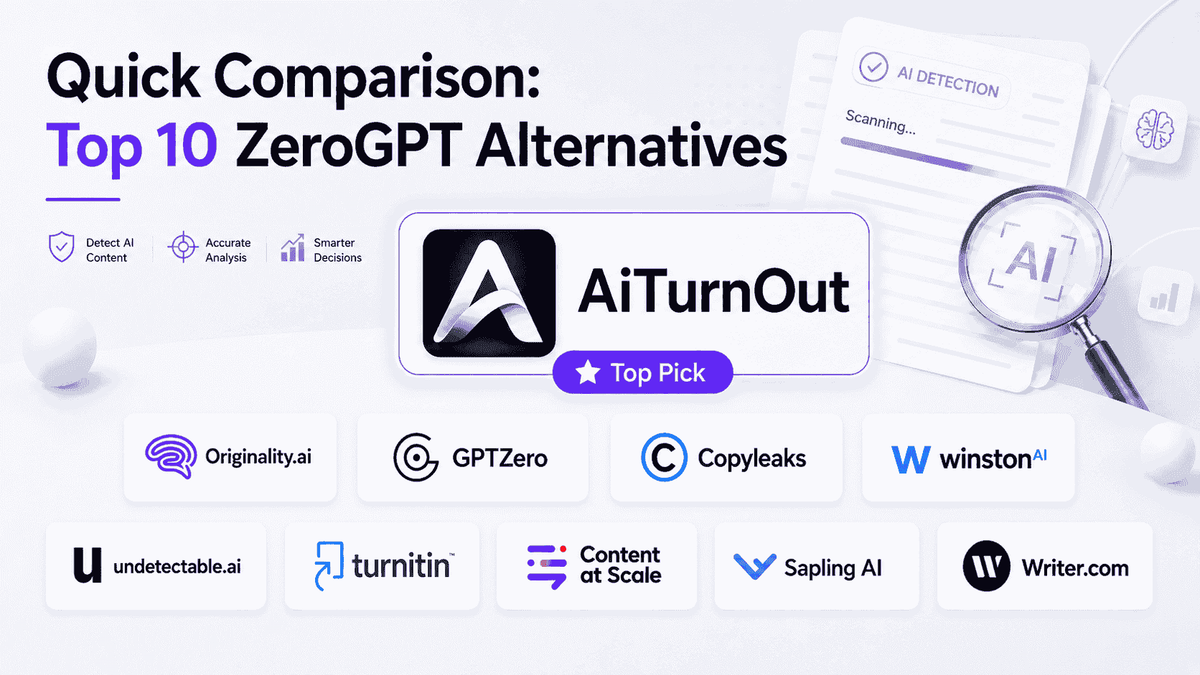 Quick comparison cover image for top 10 ZeroGPT alternatives, featuring AiTurnOut as the top pick among AI detection and content analysis tools.