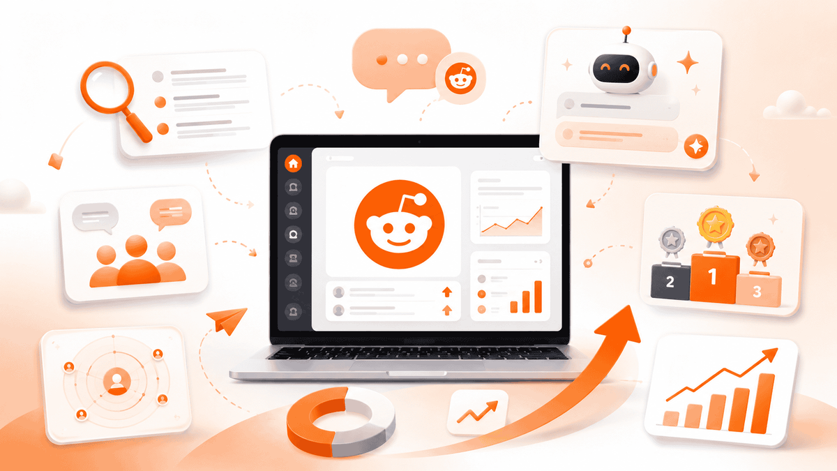 Illustration of a Reddit marketing assistant tool showing thread discovery, AI reply suggestions, analytics, and organic growth signals