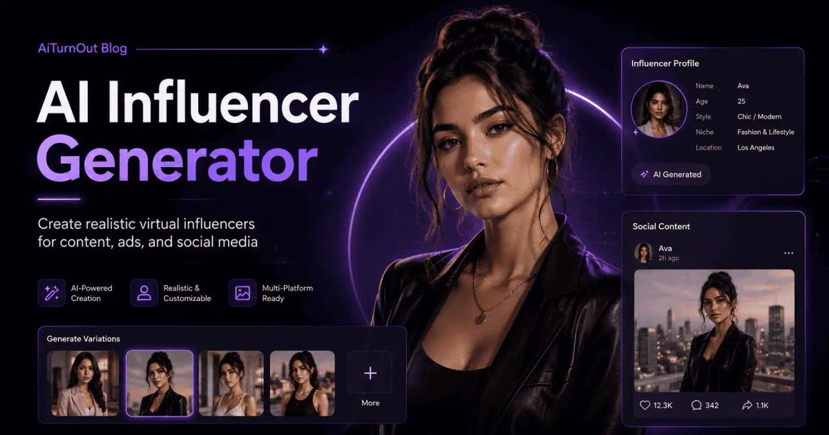 AI Influencer Generator blog cover showing a realistic virtual influencer with purple neon UI panels, profile details, social content preview, and image variation thumbnails.