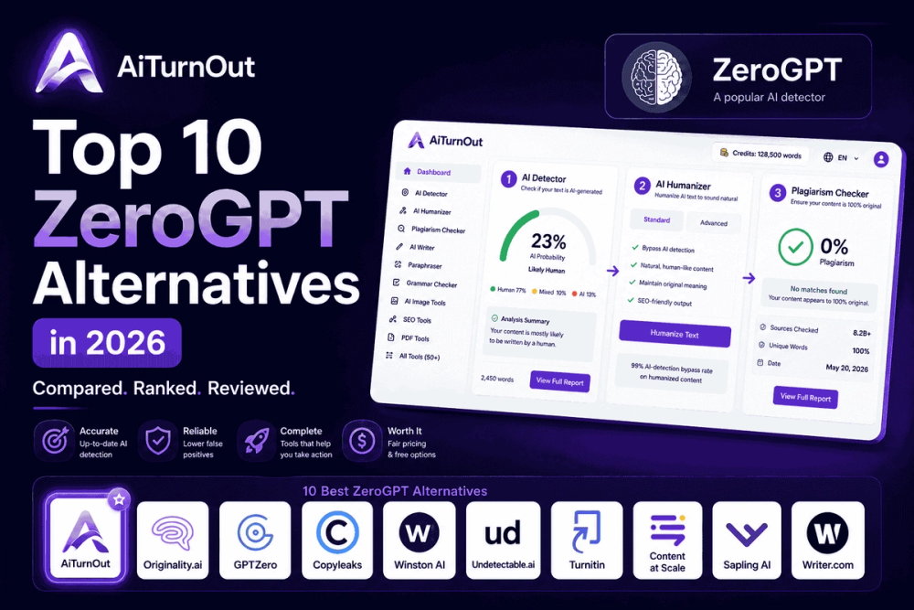 Cover image for a blog about the top 10 ZeroGPT alternatives in 2026, showing AiTurnOut branding, a crossed-out ZeroGPT card, and an AiTurnOut workflow mockup for AI detection, humanization, and plagiarism checking.