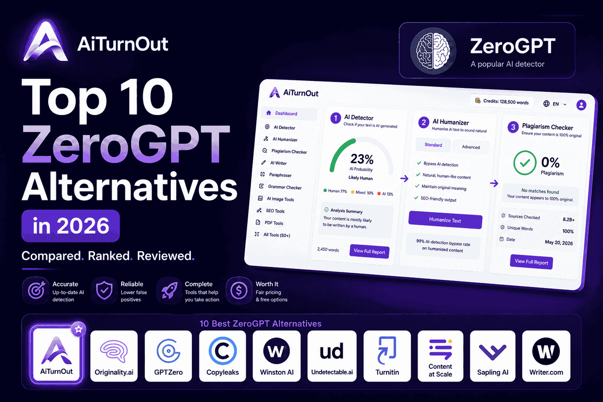 Cover image for a blog about the top 10 ZeroGPT alternatives in 2026, showing AiTurnOut branding, a crossed-out ZeroGPT card, and an AiTurnOut workflow mockup for AI detection, humanization, and plagiarism checking.