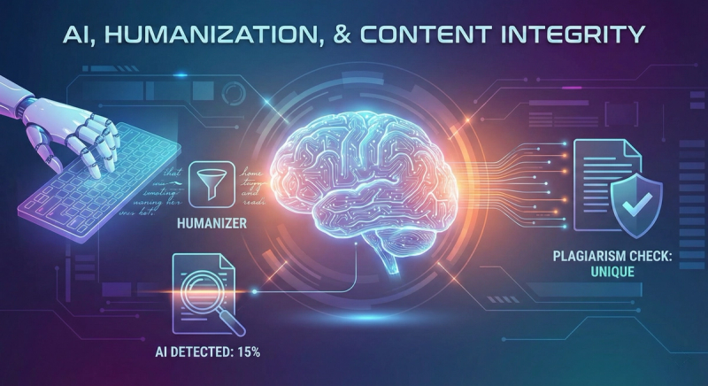 Futuristic illustration titled "AI, Humanization, & Content Integrity," depicting a robotic hand, a circuit-patterned brain, and icons representing an AI Humanizer, AI Detection, and Plagiarism Check, illustrating the relationship between AI tools and content authenticity.