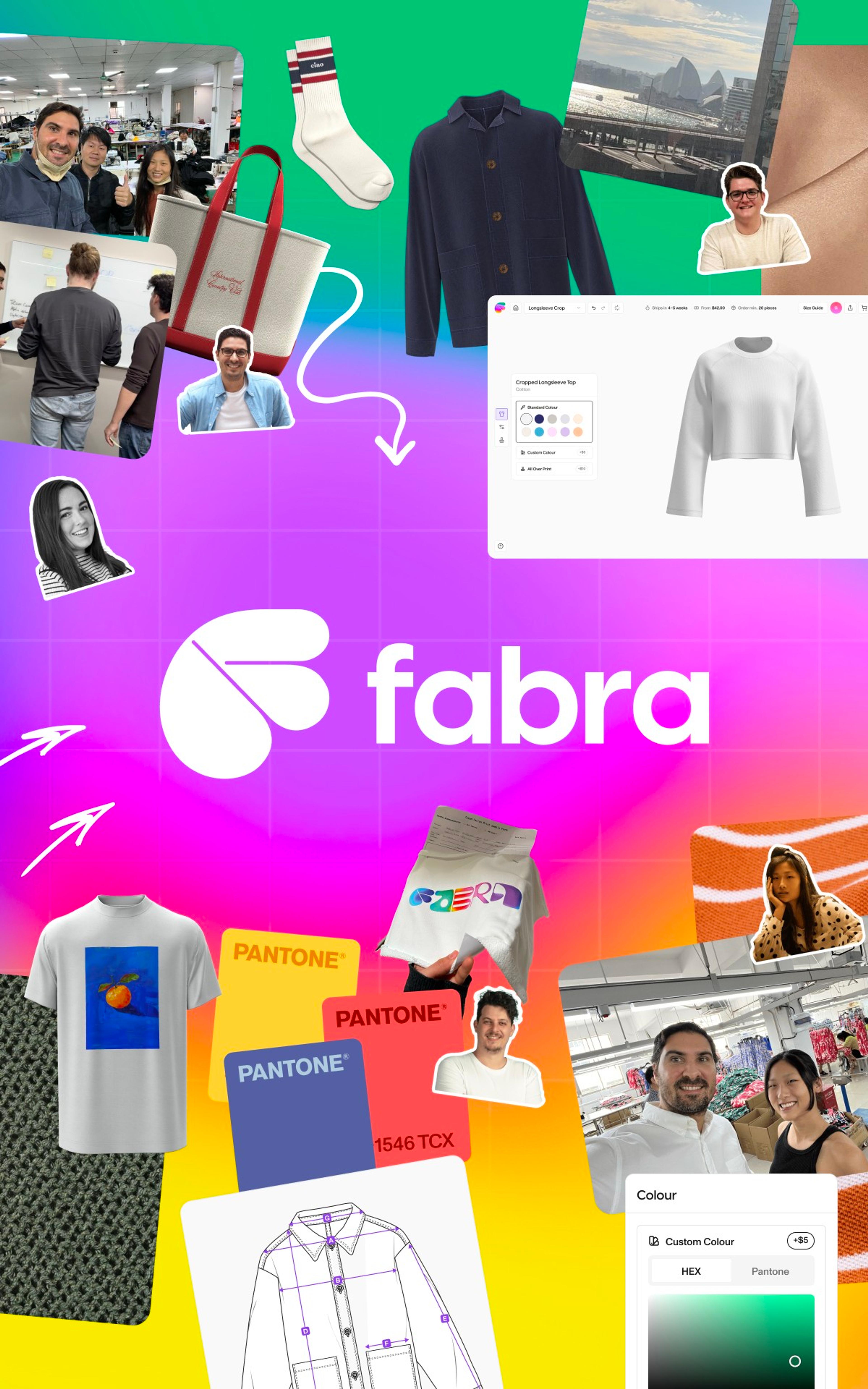 Collage of Fabra product and team members