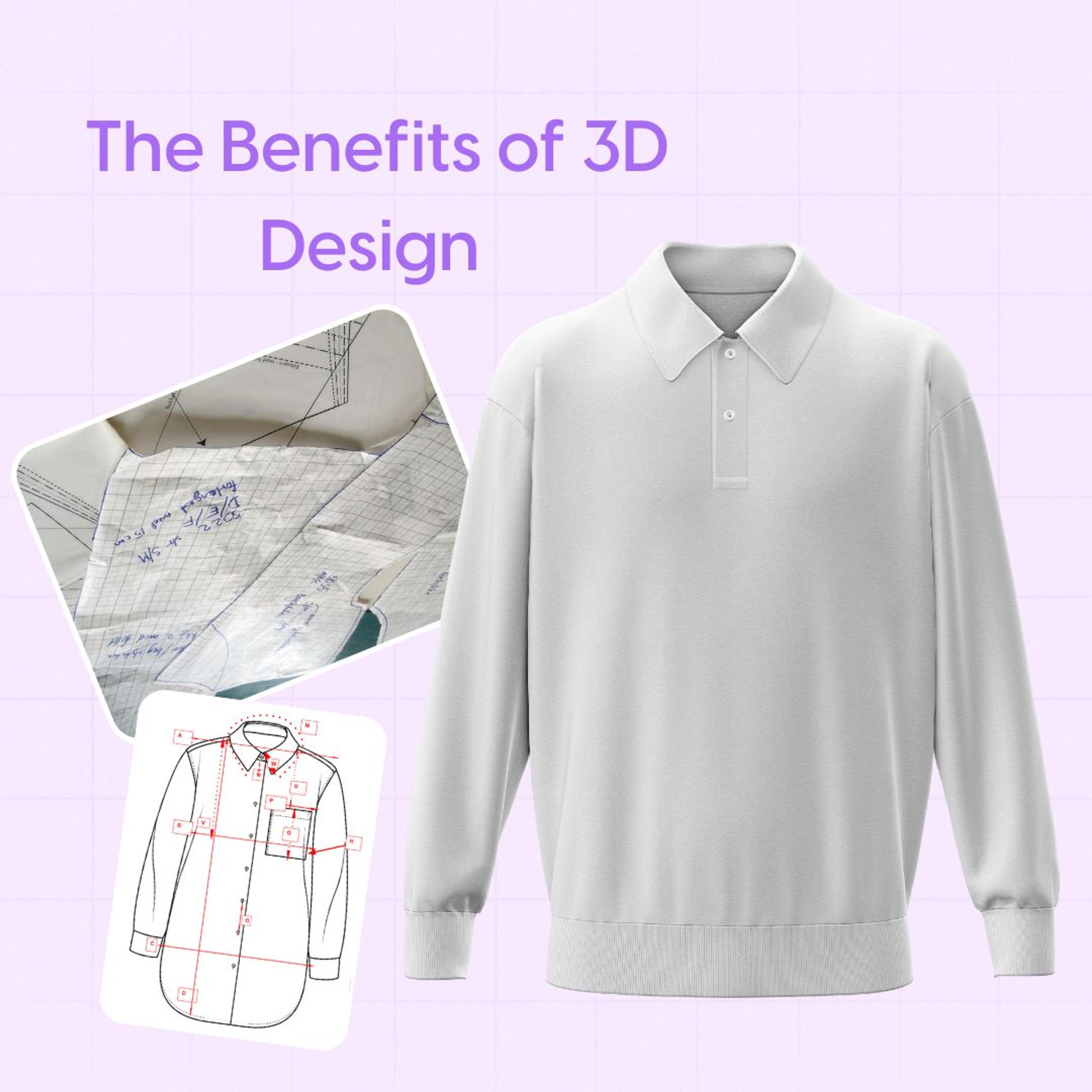 3D fashion template of a long sleeve polo shirt with garment pattern pieces and sketches.