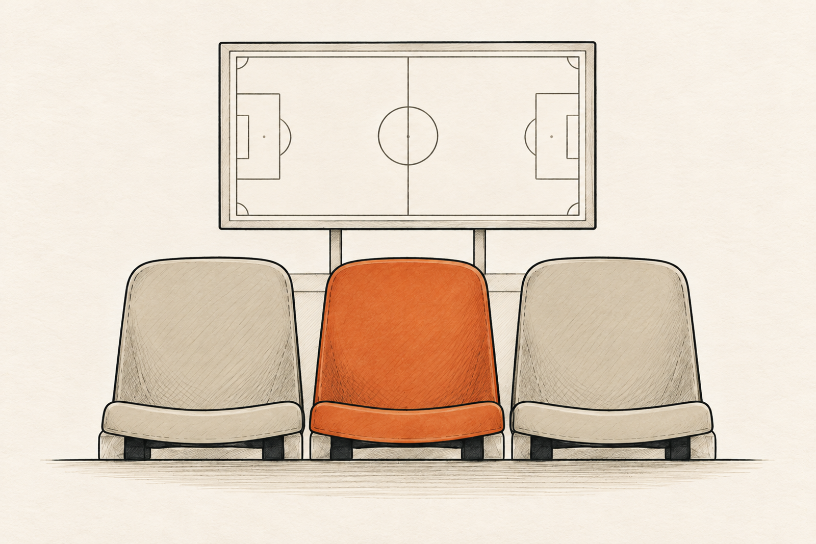 Three stadium seats, with an orange seat in the middle, beneath a screen showing a football pitch diagram.