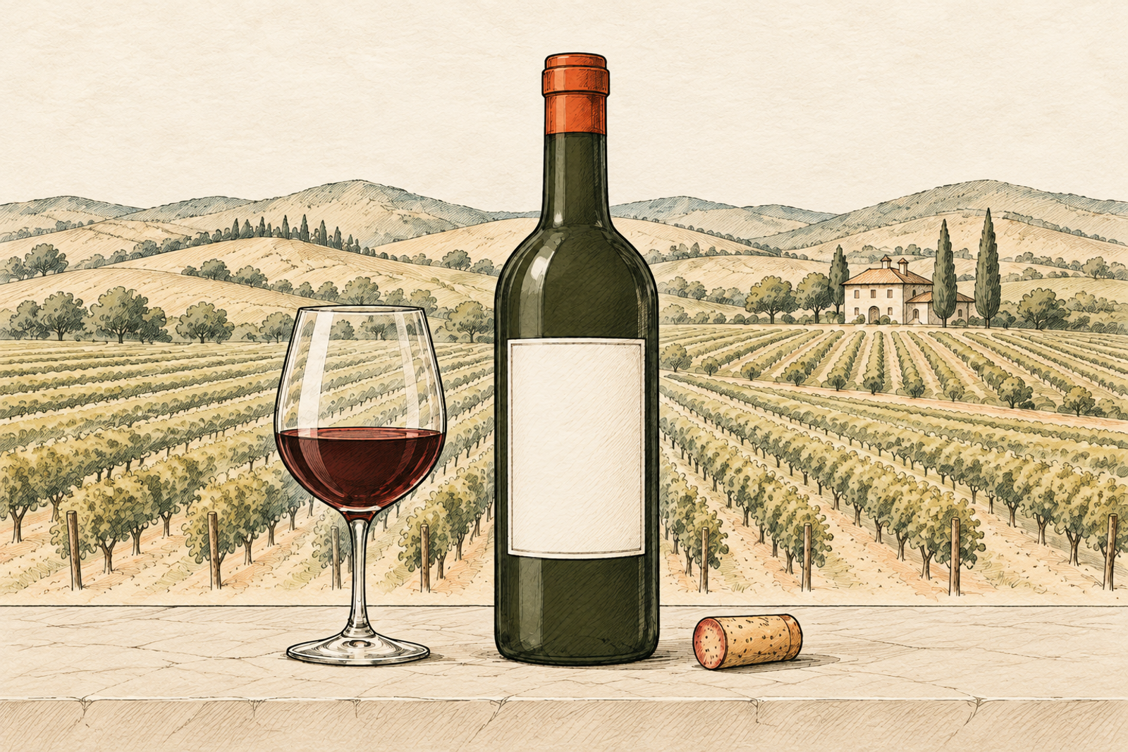 A wine bottle with a blank label, a glass of red wine and a cork, illustrated against vineyard rows and rolling hills.