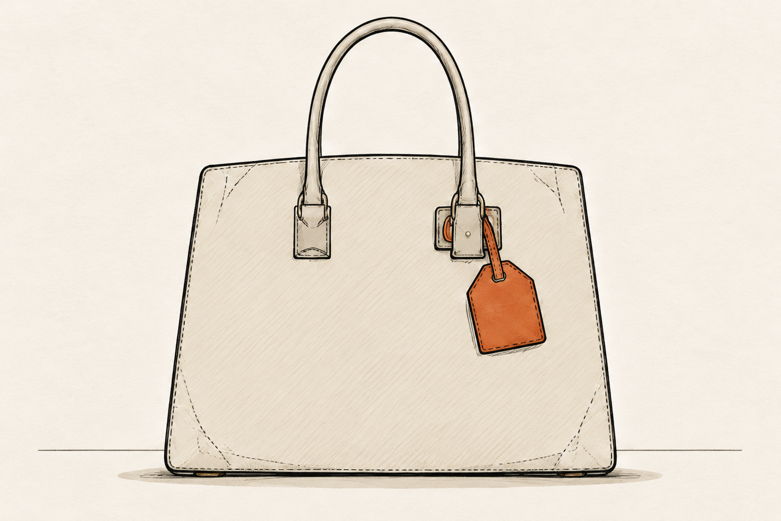 Cream carry-on bag with an orange luggage tag, drawn in pencil and ink on warm ivory paper.