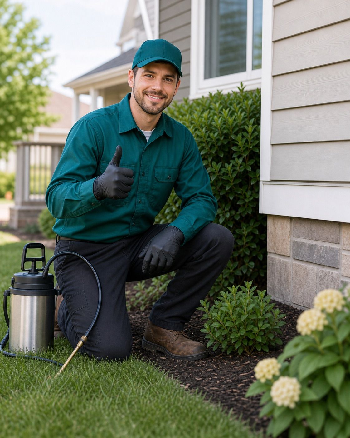 Smiling Pest Be Gone technician giving a thumbs up after treating a home exterior