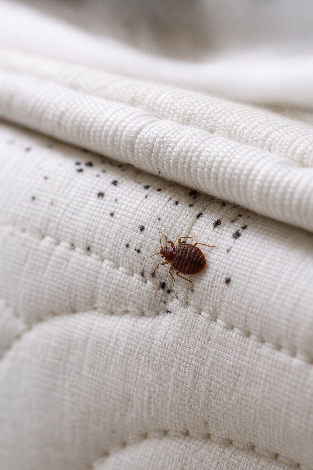 Close-up of a bed bug and spotting on a mattress seam