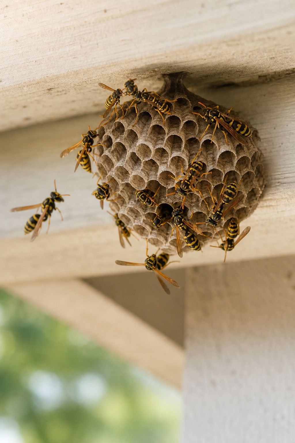Close-up of wasps around a paper nest under a residential eave