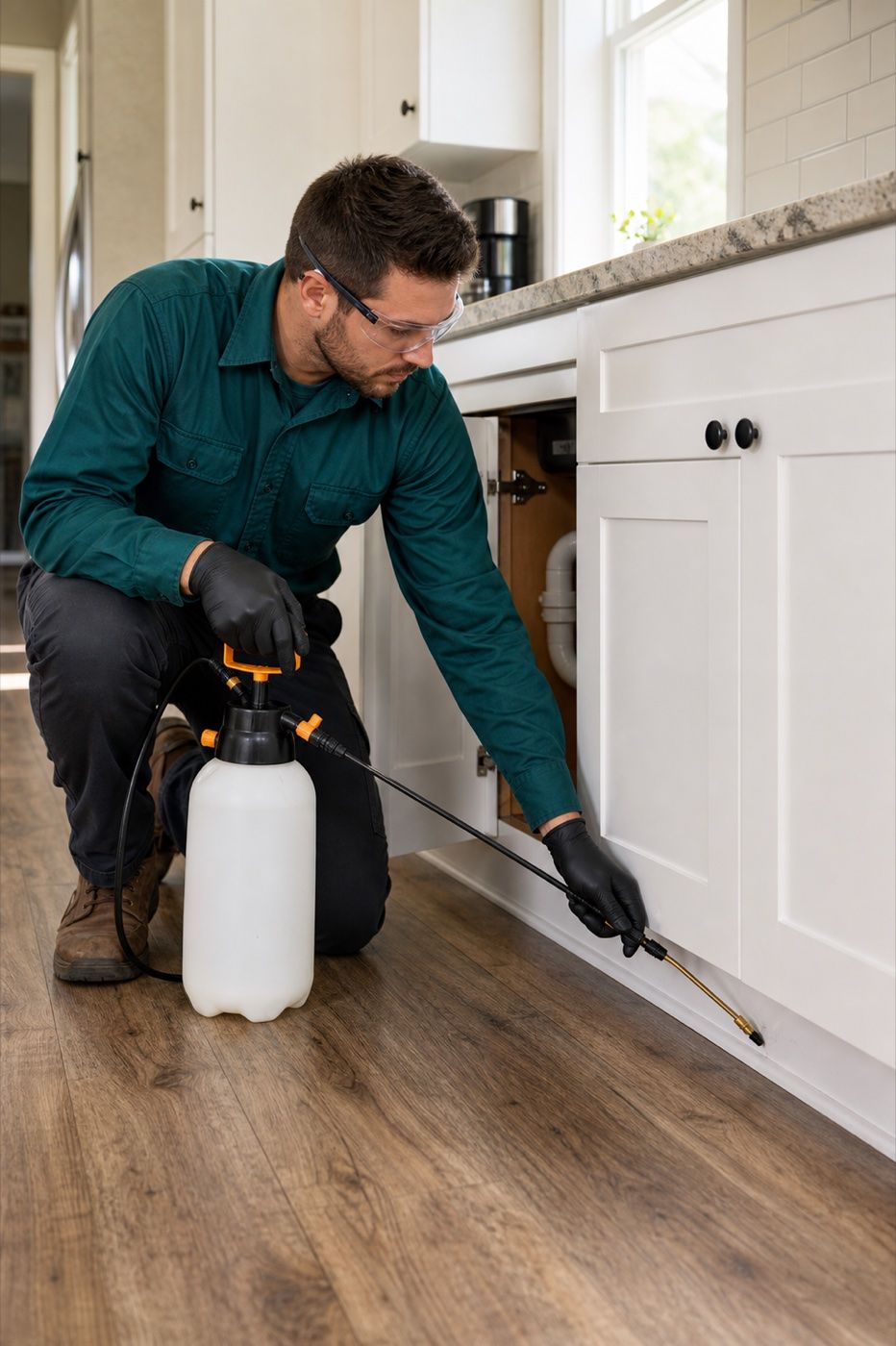 Pest control technician working along an indoor baseboard