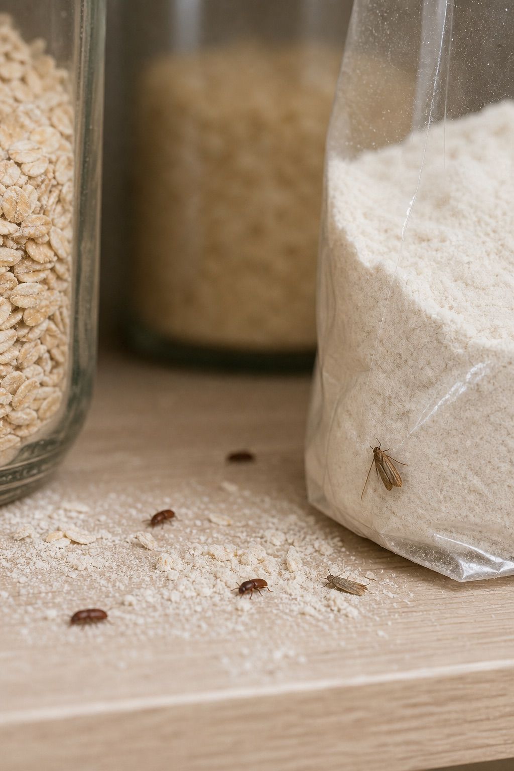 Close-up of pantry pest beetles near dry goods in a kitchen cabinet