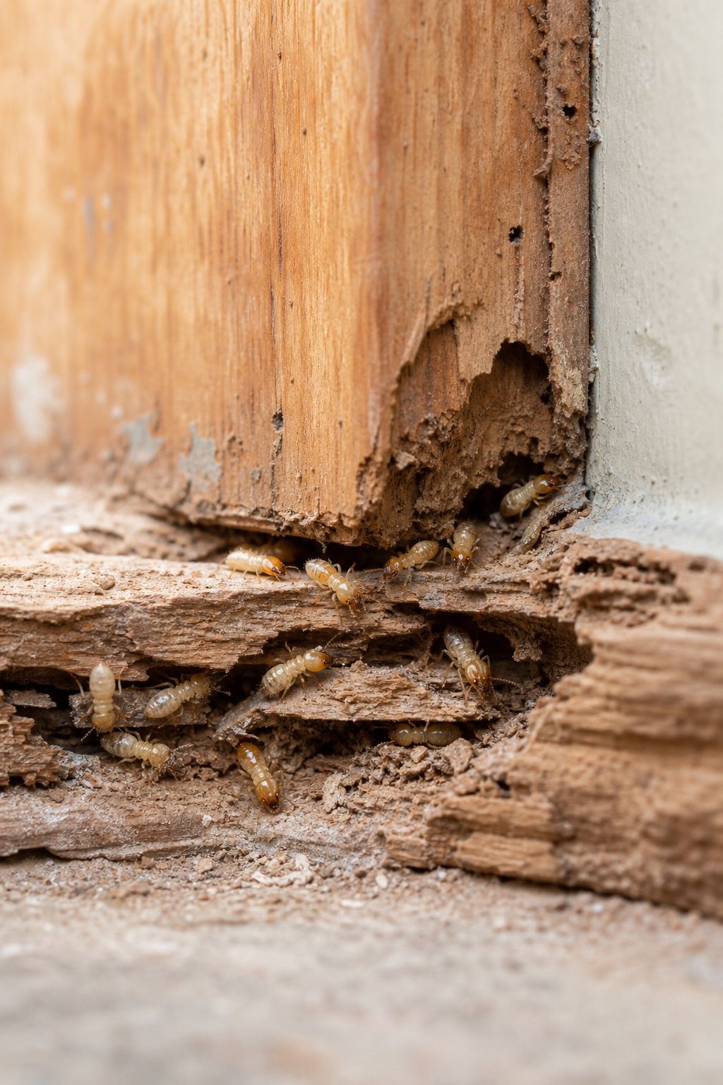 Close-up of termites and damage inside a wood member