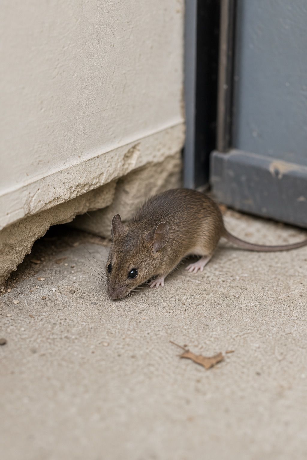 Close-up of a mouse near a home foundation entry point