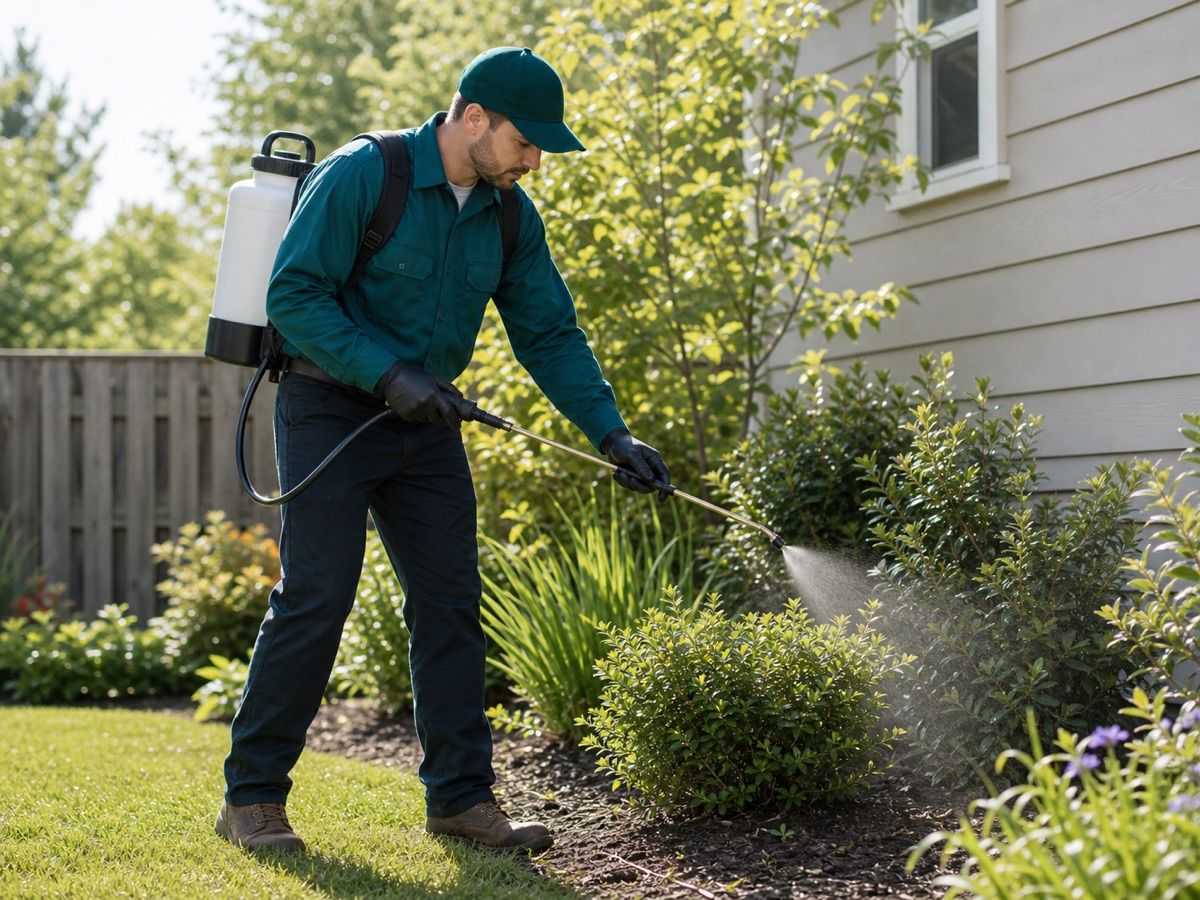 Technician working in a landscaped residential yard