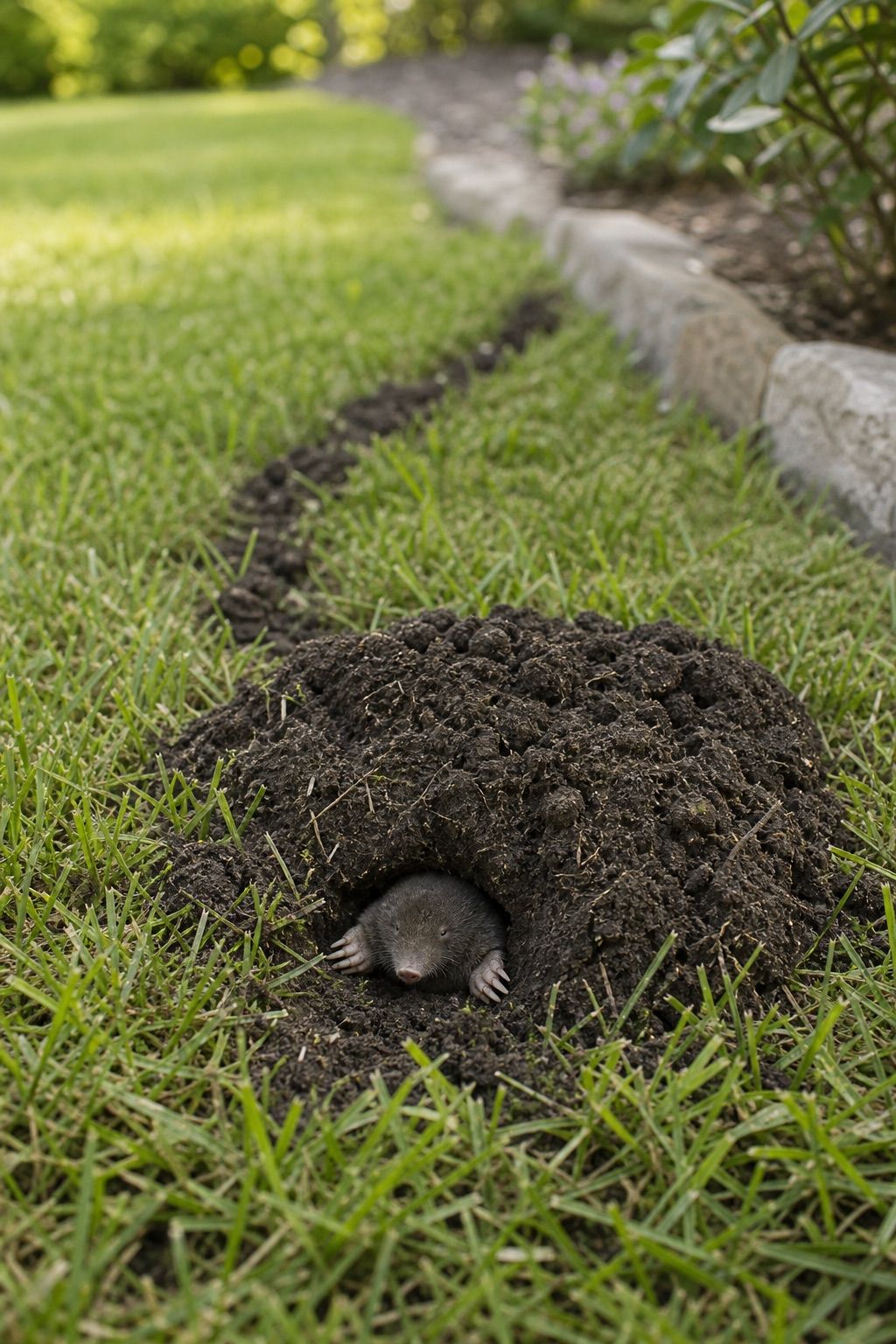 Close-up of mole and vole lawn damage with a fresh tunnel opening