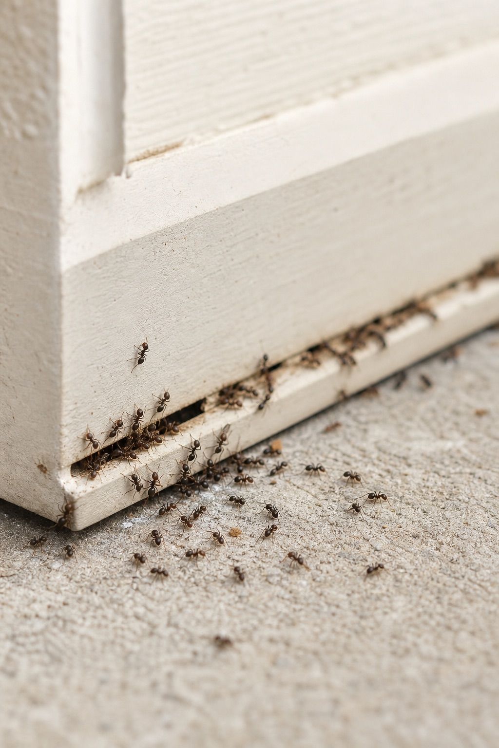 Close-up of ants moving along a residential baseboard entry point
