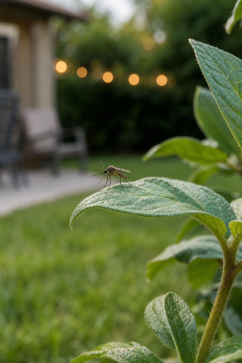 Close-up of a mosquito resting on a leaf in a residential yard