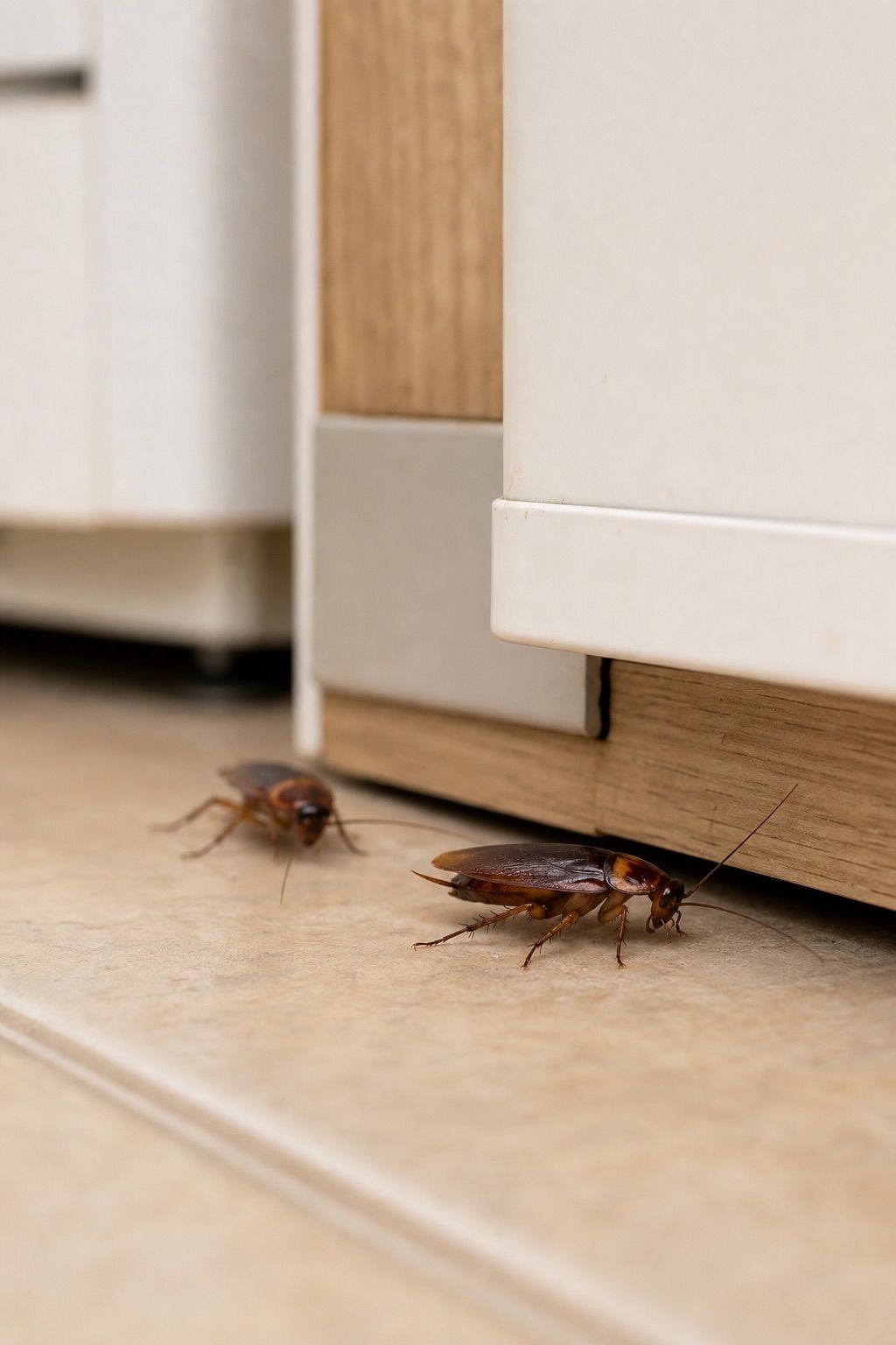 Close-up of cockroaches near a kitchen baseboard