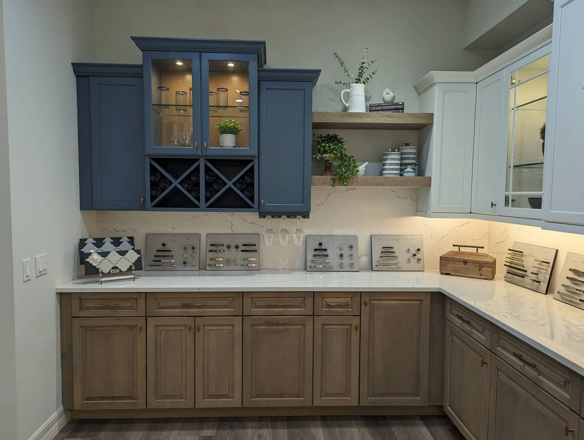 Blue and white cabinet vignettes with hardware sample boards