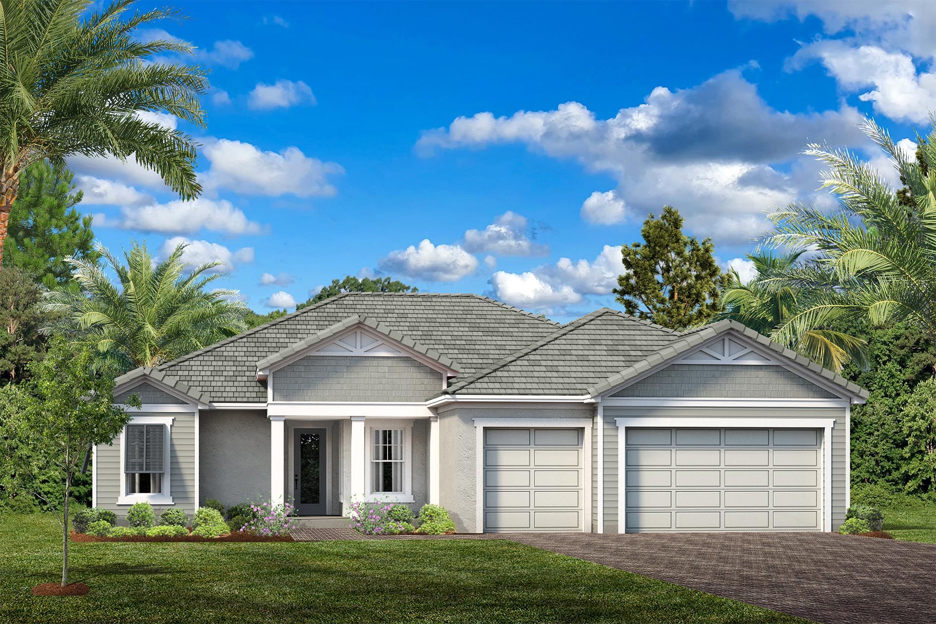 Destin elevation rendering with palms and paver drive