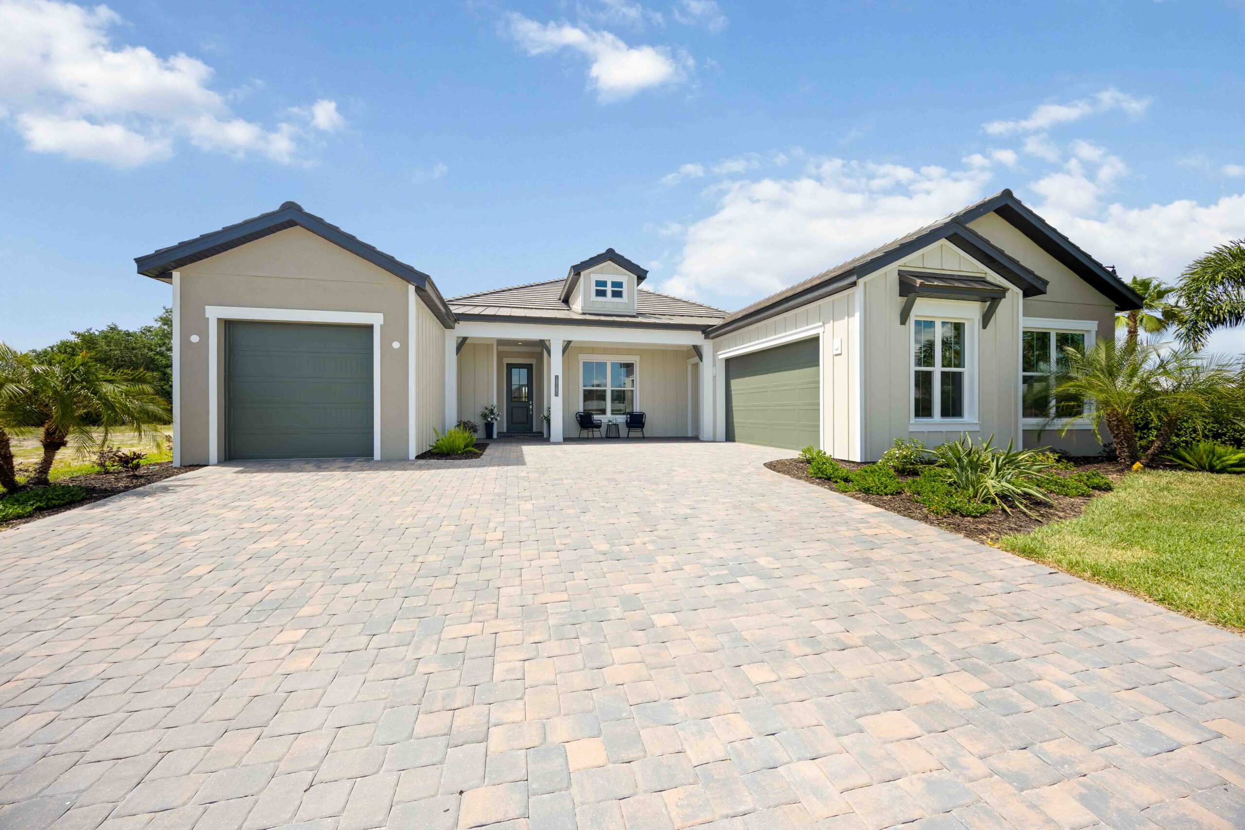 Destin model home front exterior with split garages