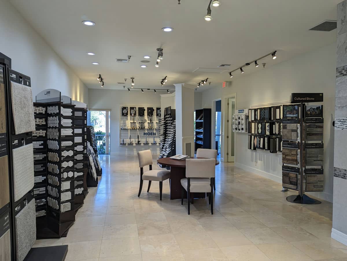 Design studio showroom with tile racks and selection table