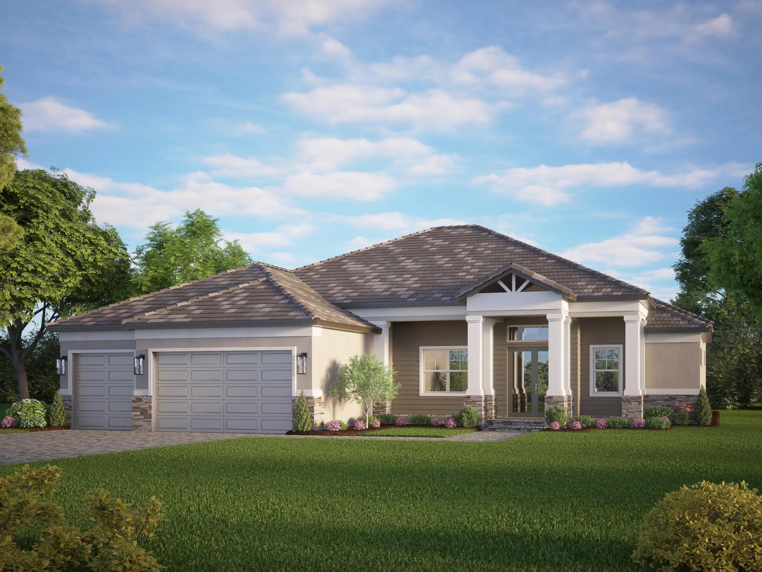 Rendered Sam Rodgers home facade with columned entry, three-car garage