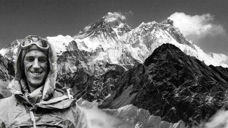 Sir Edmund Hillary with Mt Everest in background