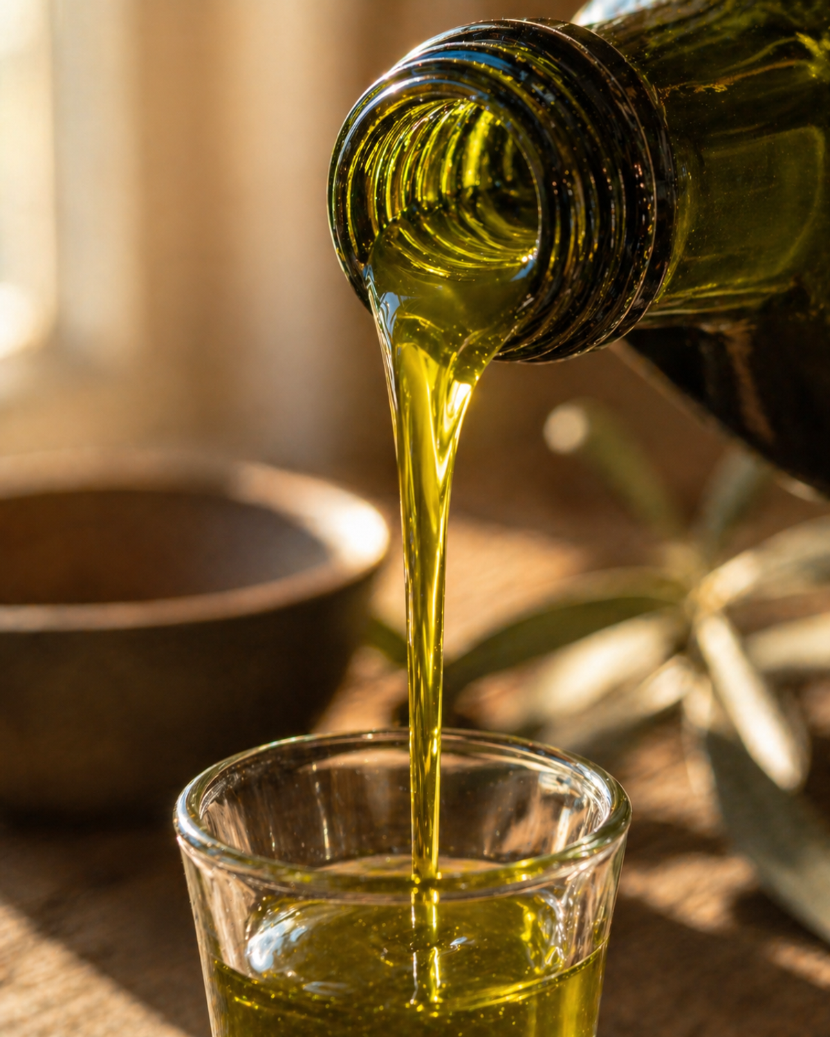 Olive oil pouring from a bottle in a steady stream into a small glass, warm backlight.