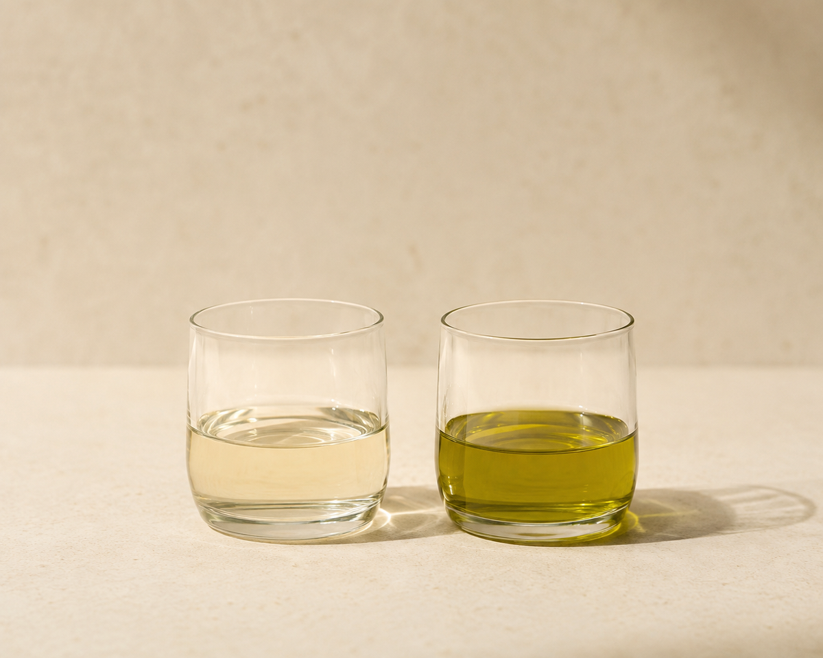To glas side om side: næsten farveløs raffineret light-olivenolie ved siden af klart grøn ekstra jomfru olivenolie