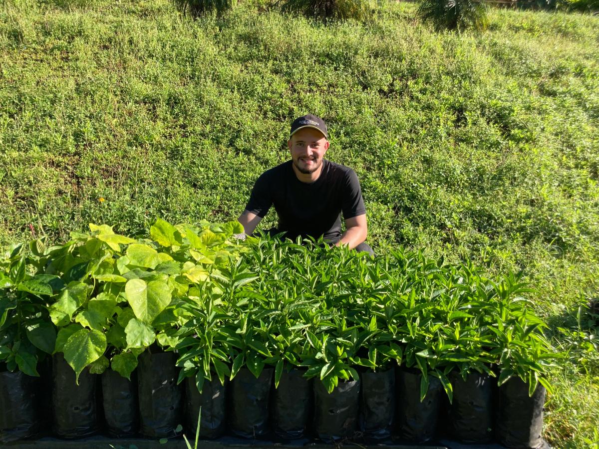 Native plant grower standing among Costa Rican shrubs propagated from cuttings inside a tropical nursery dedicated to biodiversity and ecological restoration.