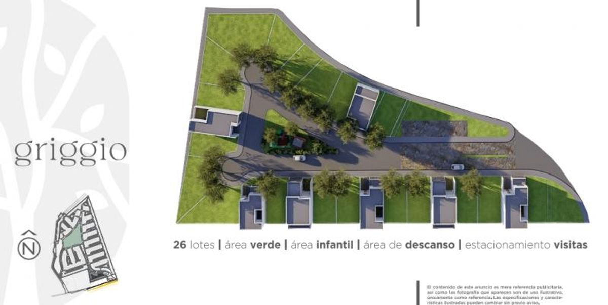 Plano tridimensional de fraccionamiento residencial con lotes verdes, calles pavimentadas, árboles y casas construidas