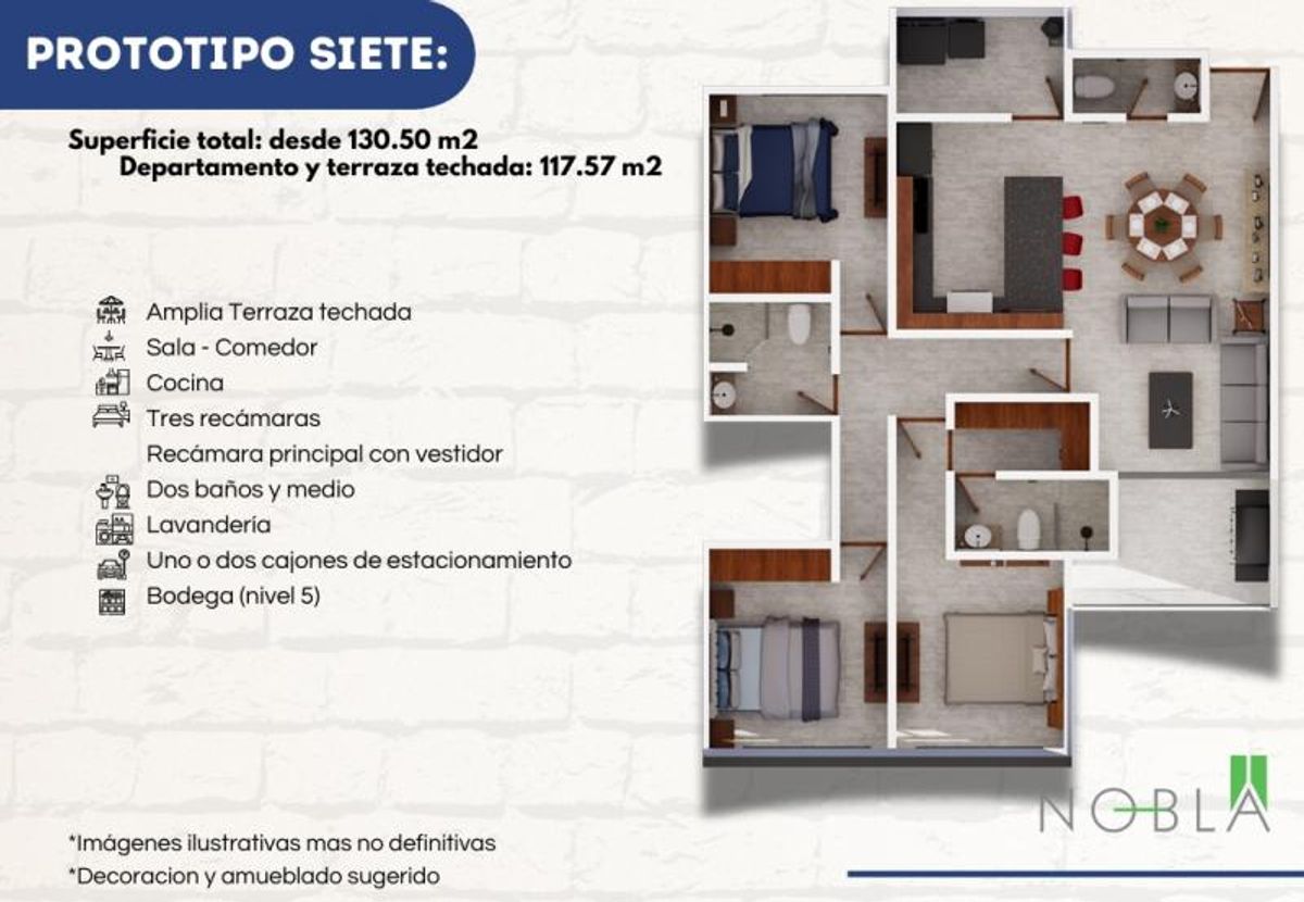 Plano arquitectónico de departamento con tres recámaras, sala, comedor, cocina y terraza