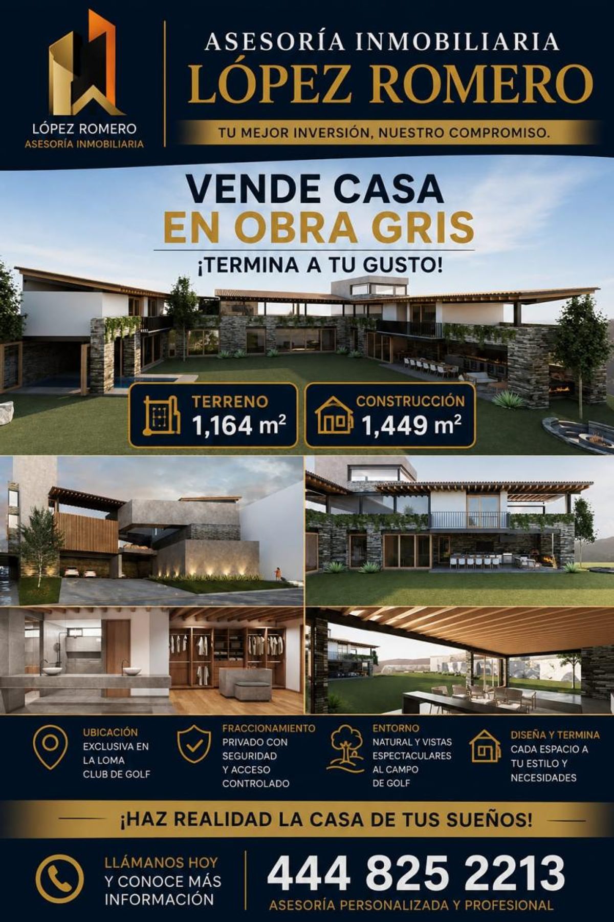 Casa de dos niveles con fachadas de piedra, grandes ventanales y amplio jardín