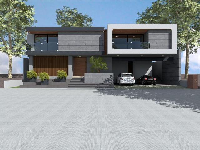 Casa moderna de dos niveles con fachada de piedra gris, madera y cochera techada