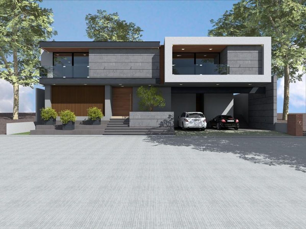 Casa moderna de dos niveles con fachada de piedra gris, madera y cochera techada