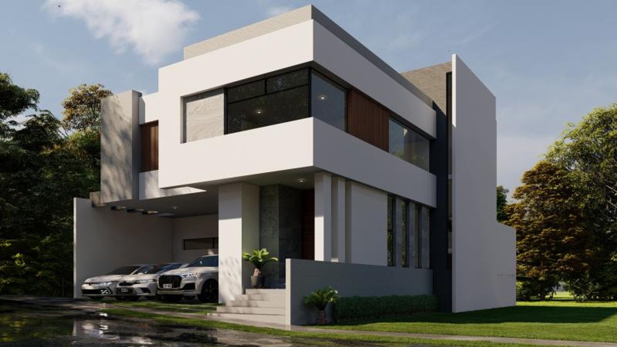 Fachada moderna de dos plantas con volúmenes blancos, amplios ventanales y cochera cubierta
