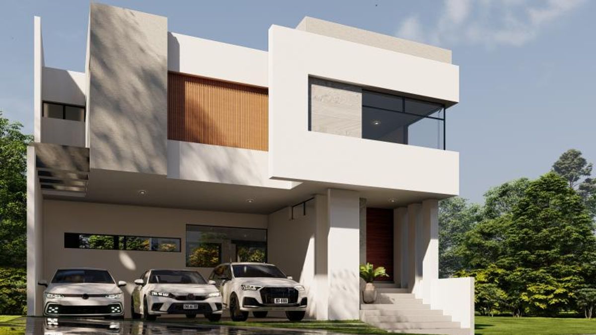 Fachada moderna de dos niveles en color blanco con cochera techada para tres autos