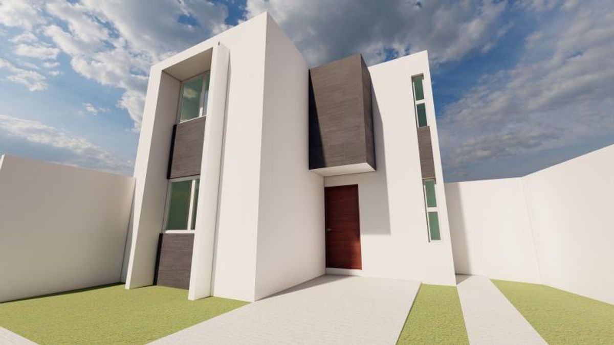 Fachada moderna de dos niveles con muros blancos, detalles oscuros, puerta de madera y césped