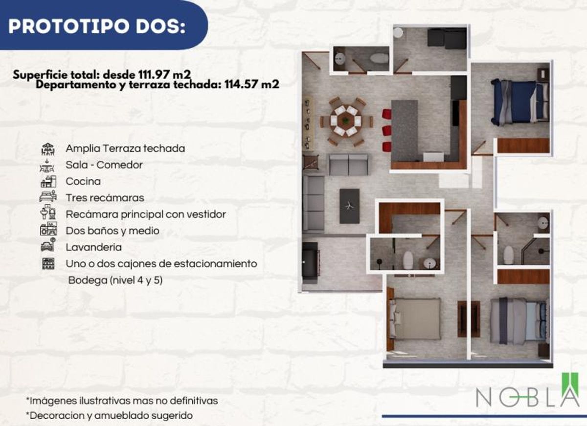 Plano arquitectónico de departamento con tres recámaras, dos baños, cocina, sala y comedor