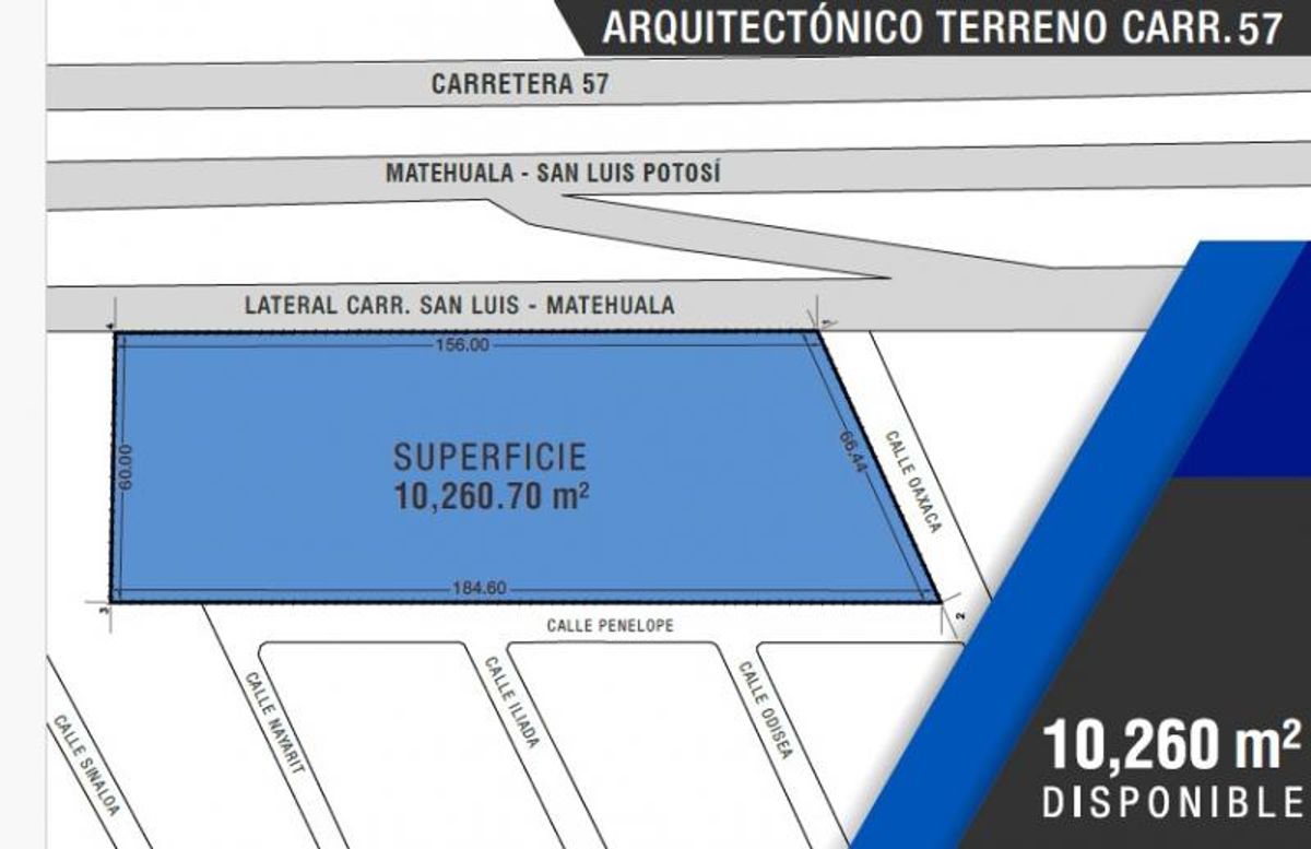 Plano del terreno delimitado en azul con 10,260 metros cuadrados junto a Carretera 57