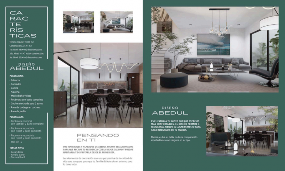 Sala y comedor de estilo moderno con sofás grises, sillas negras y grandes ventanales