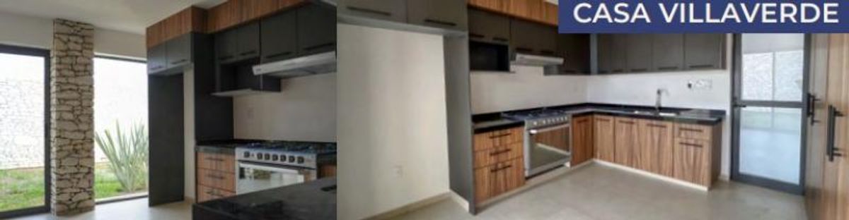 Cocina integral con gabinetes de madera, alacenas superiores oscuras, cubierta negra y estufa